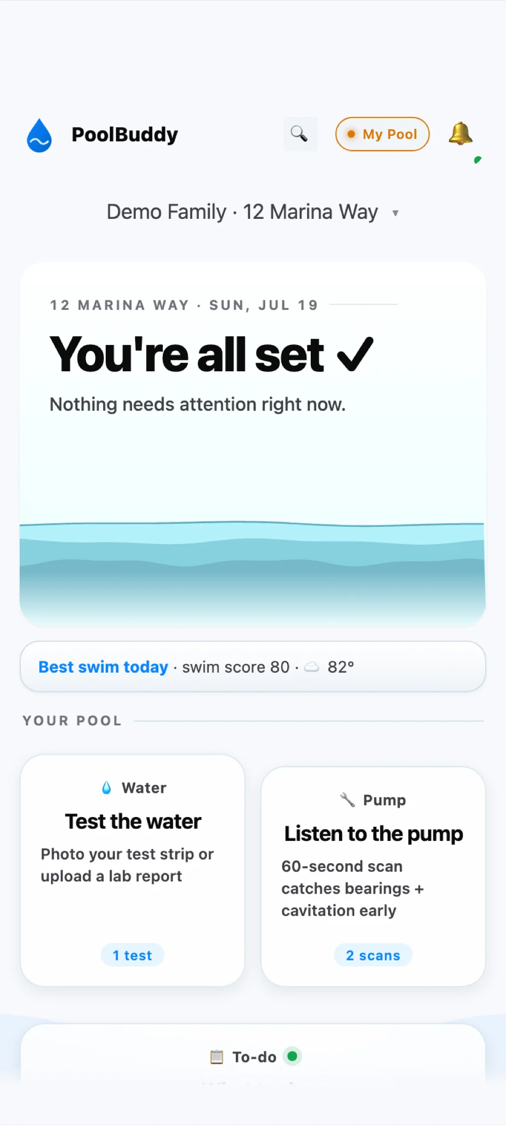 PoolBuddy home screen: a calm waterline under the words 'All clear.', with water, pump, and to-do cards floating below it