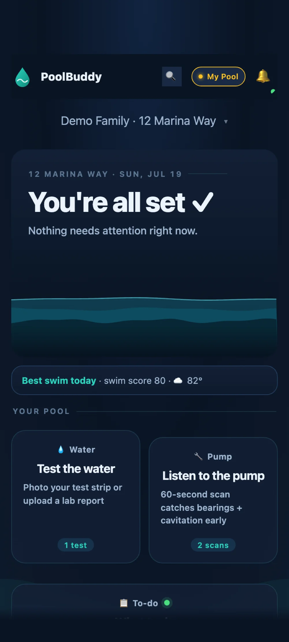 PoolBuddy home screen at night: a calm waterline under the words 'All clear.', with water, pump, and to-do cards floating below it