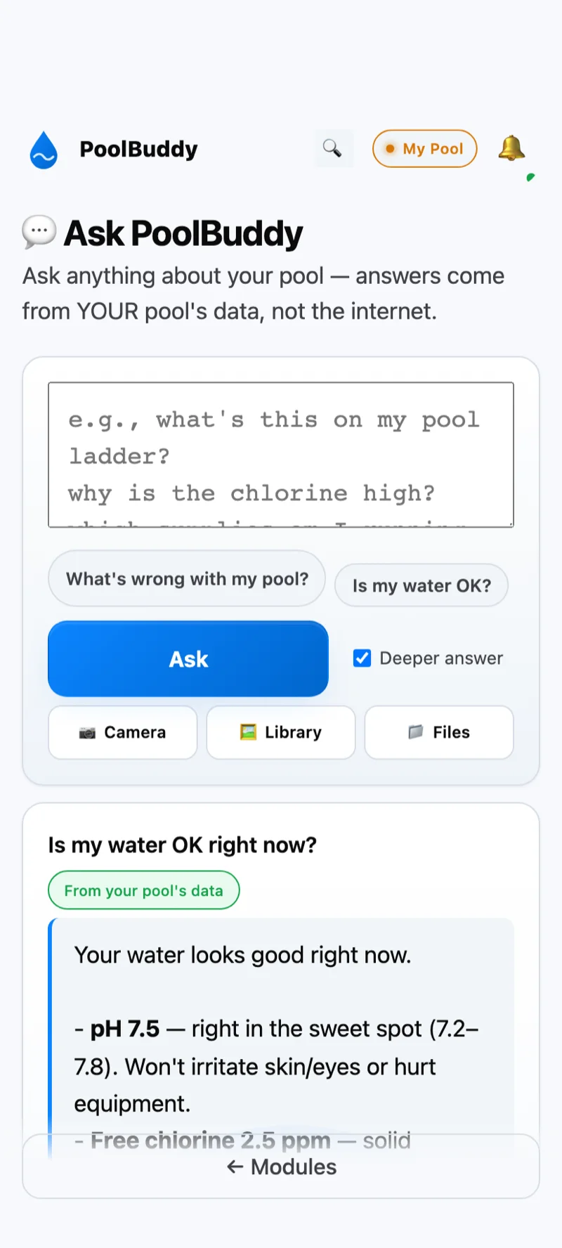 PoolBuddy Ask screen answering a question using the pool's own equipment and history